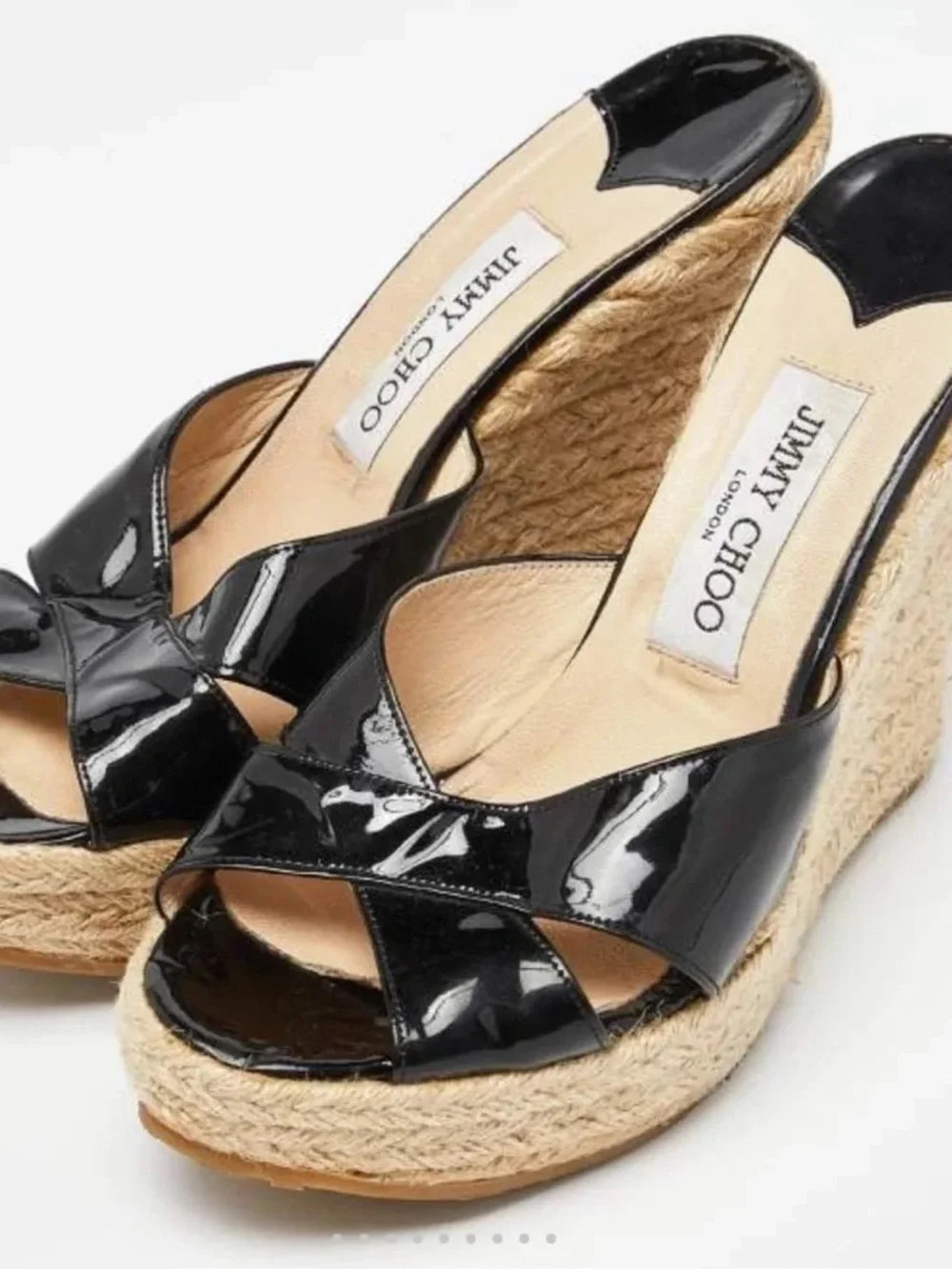 Jimmy Choo Black Patent Leather Espadrille Wedge Sandals - Picture 6 of 12